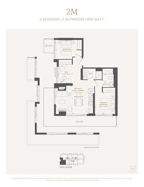 Floor plan for 2 beds, 2 baths, 809 sqft